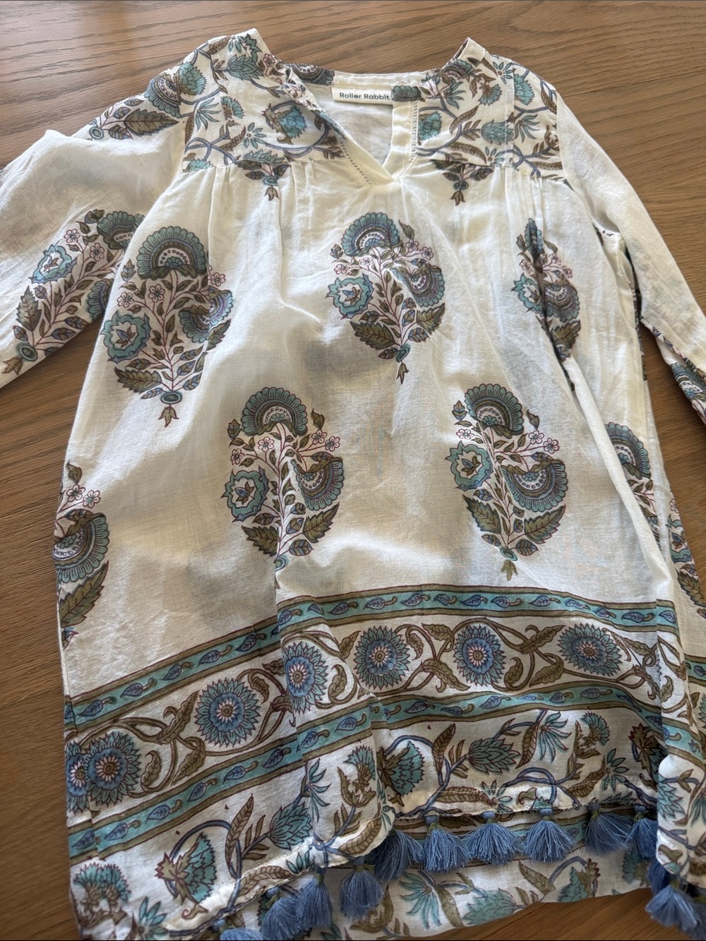 Never Worn Roller Rabbit Cream Tunic with Blue and Brown Floral Print